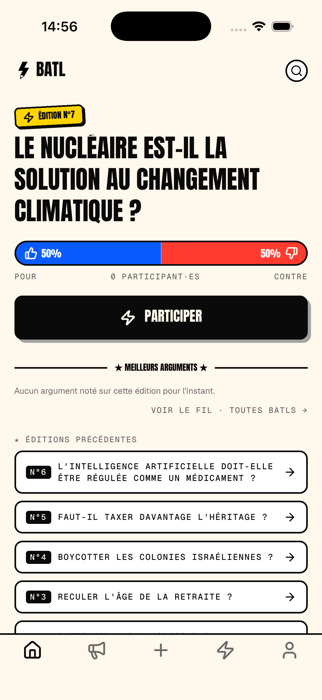 Écran d'accueil Batl avec l'édition du jour et le vote en cours